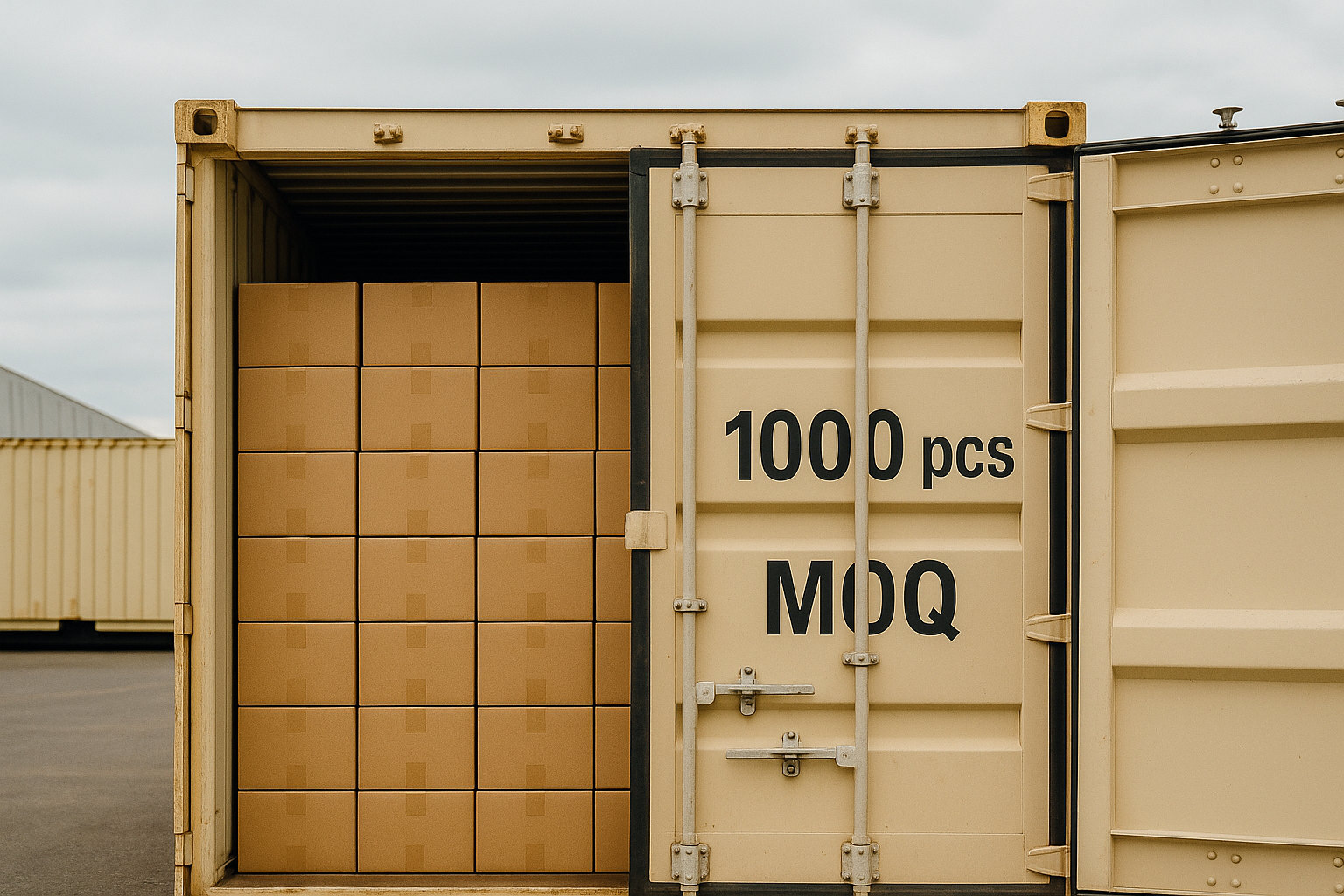 Geöffneter Frachtcontainer mit gestapelten Kartons, Aufdruck „1000 pcs MOQ“ sichtbar – symbolisiert Mindestbestellmenge beim China-Import.