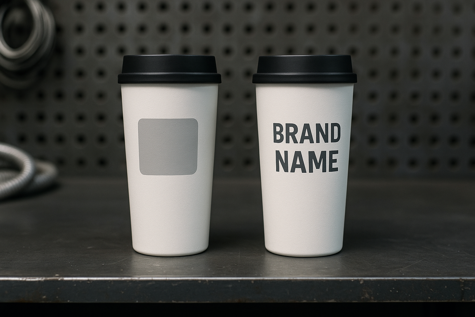 Zwei weiße Kaffeebecher im Vergleich: Links mit generischem Etikett, rechts mit der Aufschrift „BRAND NAME“ – Symbolbild für Private Label Produkte.