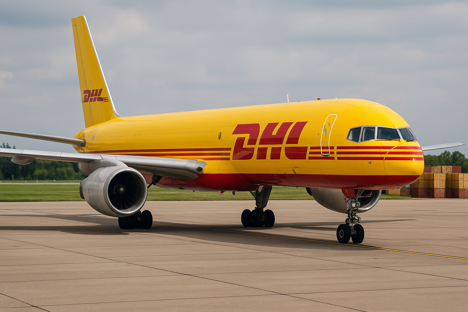 DHL-Frachtflugzeug vom Typ Boeing 757-200F auf dem Rollfeld, bereit für internationalen Versand – symbolisiert schnelle Luftfracht aus China.