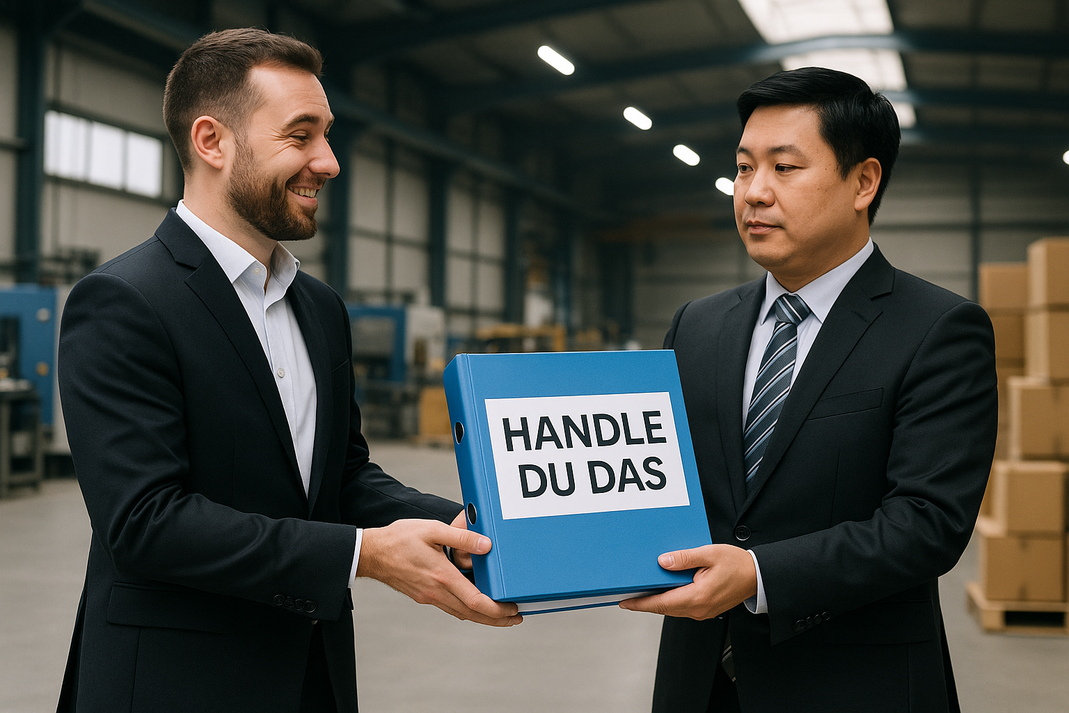 Ein westlicher Unternehmer übergibt einem asiatischen Geschäftspartner in moderner Industriehalle einen blauen Ordner mit der Aufschrift „HANDLE DU DAS“ – symbolisiert die Delegation des China-Einkaufs an ein professionelles Einkaufsbüro.
